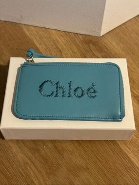 Chloé Sense Aqua Sea Leather Zip Cardholder Wallet With Box